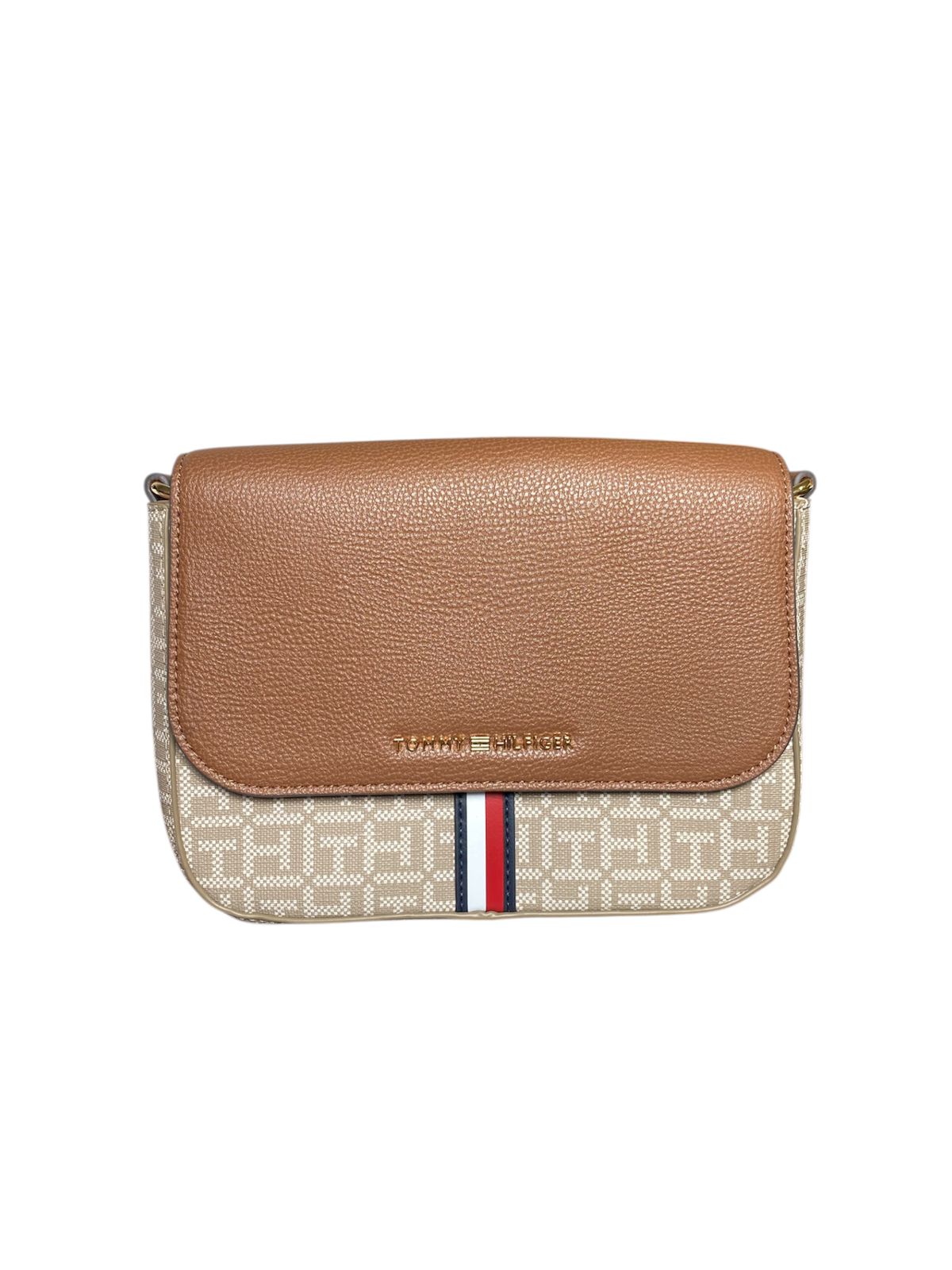Bolsa Crossbody Tommy Hilfiger – Elegancia Monograma en Tono Camel